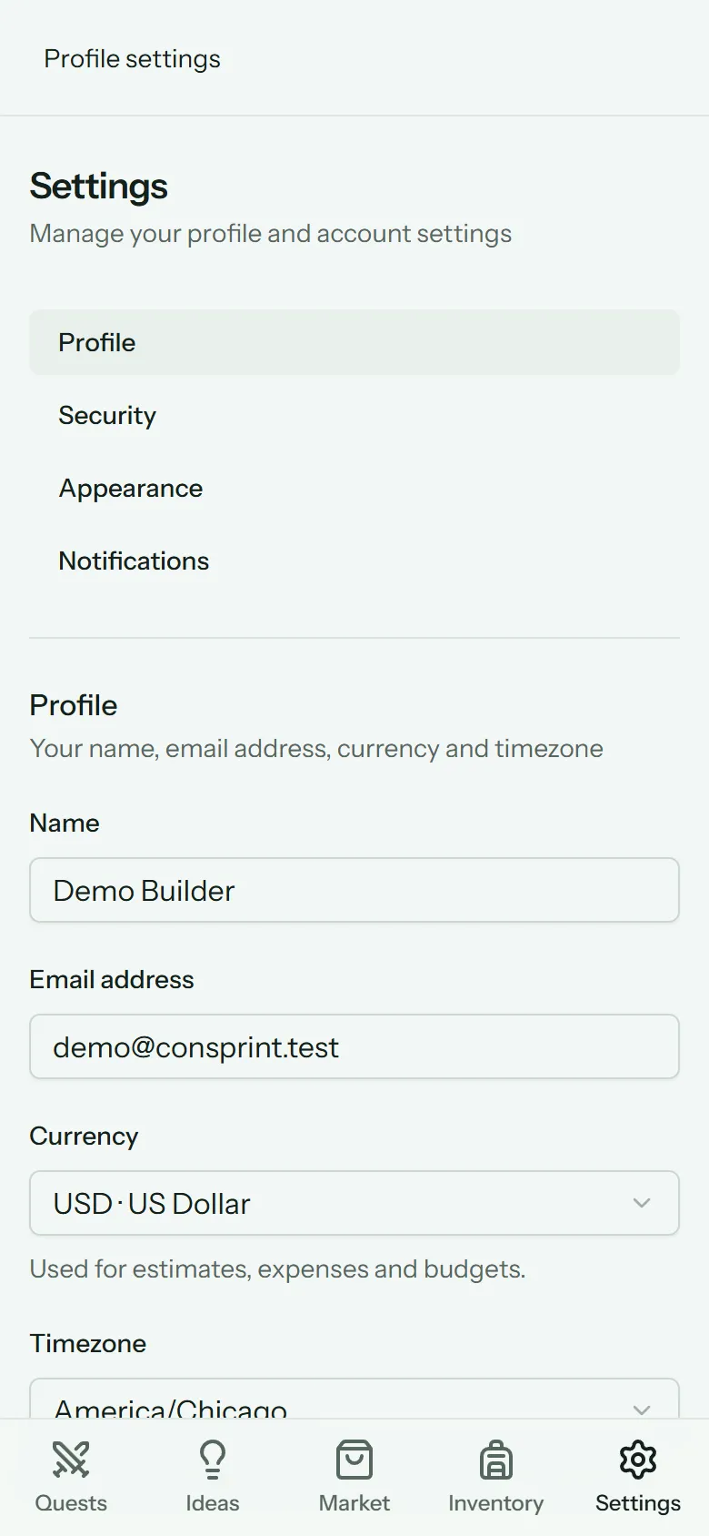 Profile settings