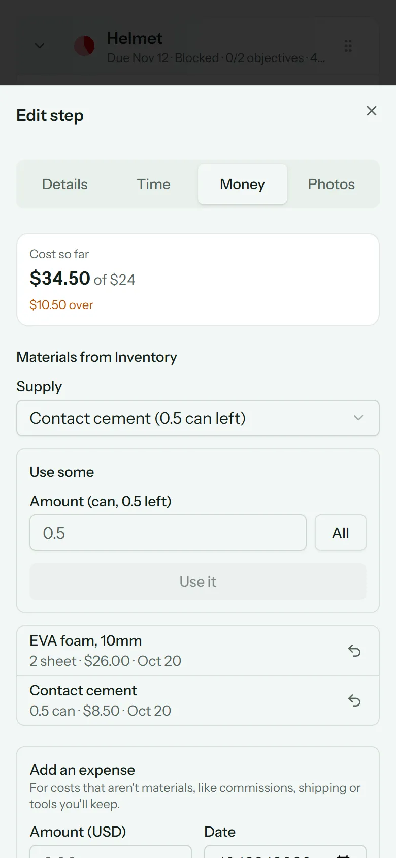 A step's Money tab